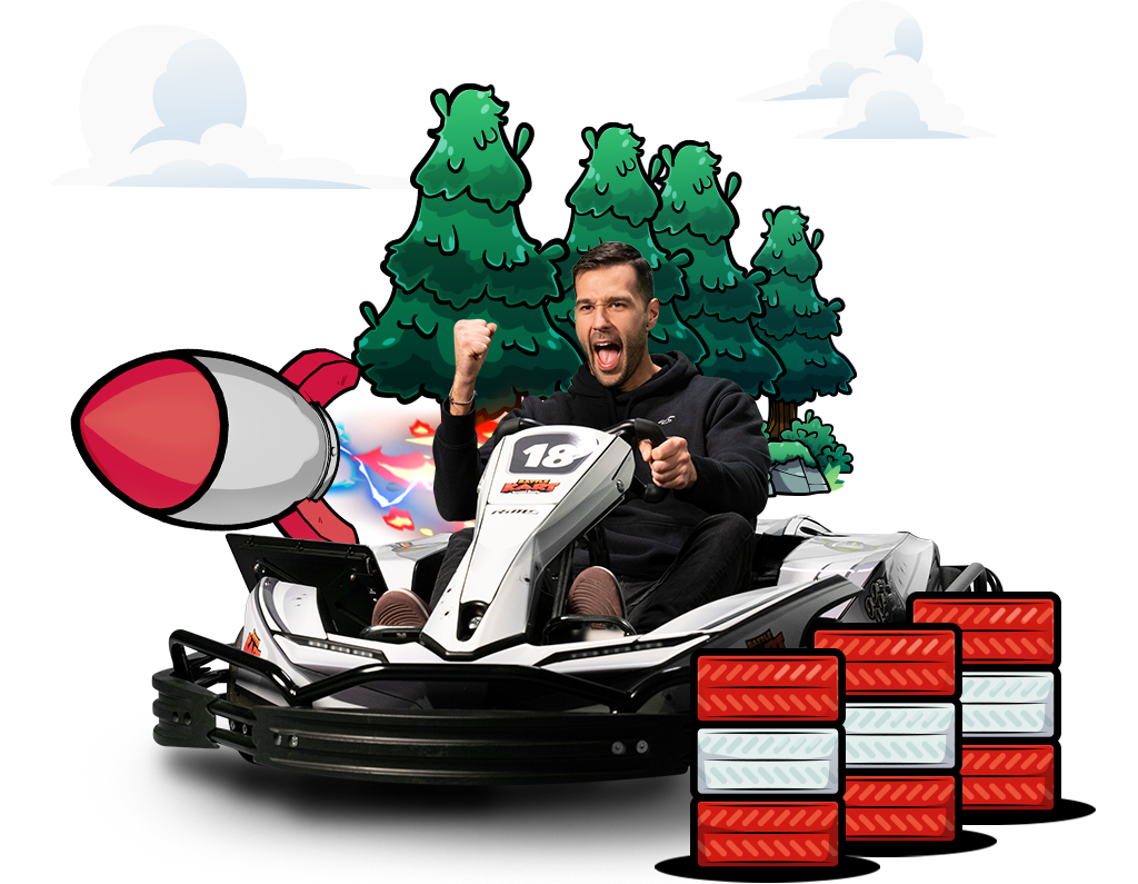 Immersives Rennen bei BattleKart Wien: Ein begeisterter Spieler feuert eine Rakete ab